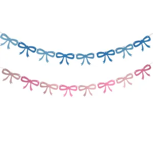 Felt bow banner set in blue and pink tones for children birthday party wall decoration