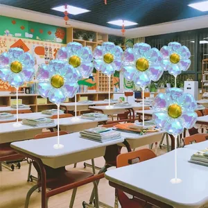 Iridescent daisy flower foil balloon set with stand for classroom school decorations