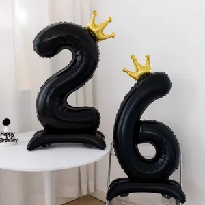 Globo de Papel de Aluminio con Número Negro de Pie con Base de Corona Dorada para Decoración de Fiesta de Cumpleaños Aniversario