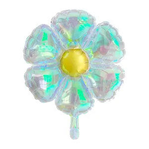 Iridescent daisy foil balloon with a yellow center for festive party classroom decoration
