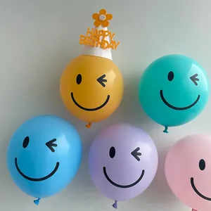 Detail van kleurrijke ballonnen met knipooggezichtjes en een witte Happy Birthday hoed