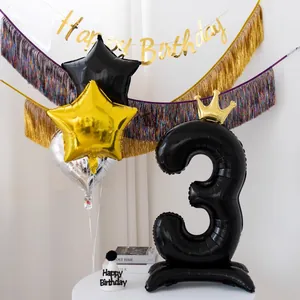 Globo número 3 negro de 40 pulgadas con corona y estrellas para decoración de cumpleaños