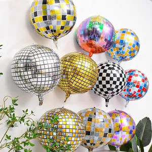 Retro 4D Disco Ball Aluminum Film Mylar Balloon Metallic Mirror Checkerboard Sphere Balloon For Party Celebration Event Decor