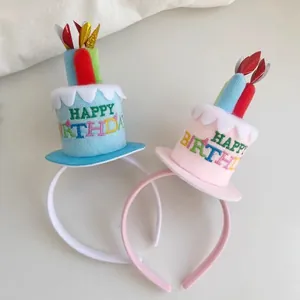 Plush Birthday Cake Headband With Candles Happy Birthday Embroidery Party Decoration For Kids Women Birthday Party Prop