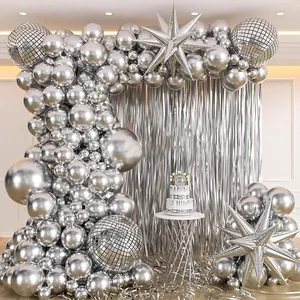 Silver disco party balloon arch kit with metallic balloons and foil fringe curtains