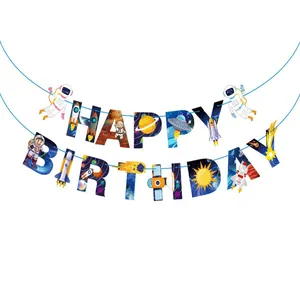 Astronaut themed happy birthday banner with cartoon rockets and planets for boy's party