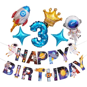 Astronaut space themed 3rd birthday party decoration kit with rocket and star balloons