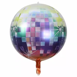 Close-up of a 22-inch 4D disco ball balloon with colorful pixel mirror and star patterns