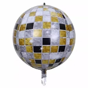 Detail of 22-inch disco ball balloon with silver grid pattern and sparkling star effects