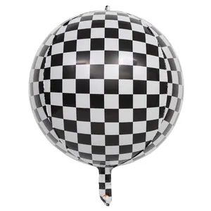 Detail of a 4D round checkered aluminum foil balloon for racing party decoration