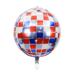 Close-up of a 22-inch 4D disco foil balloon with a red, white, and blue checkered pattern