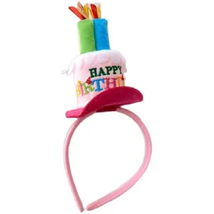 Pink birthday cake headband with colorful candles and Happy Birthday embroidery