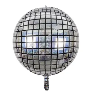 Close-up of a 22-inch silver 4D disco ball balloon with shiny metallic mirror texture