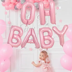 Pink OH BABY foil balloon set for baby shower party decoration with stars and latex balloons