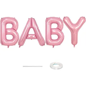 Creamy pink BABY foil balloon set with white ribbon and blow pipe for baby showers