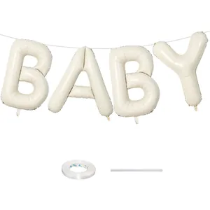 Detail of cream matte finish BABY letter balloons with ribbon and straw kit