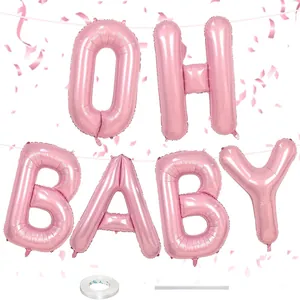 Pink OH BABY foil balloon set with ribbon and straw for baby shower decoration