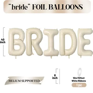 Detail of 40 inch cream BRIDE letter balloon set with white ribbon and helium support
