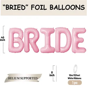 Detail of 40 inch pink foil BRIDE letter balloons with 10m white ribbon dimensions