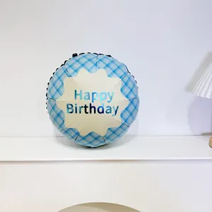 Blue plaid round foil balloon with Happy Birthday star design for party decoration
