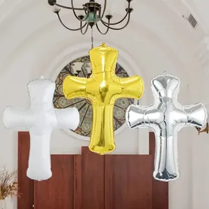Palloncini in alluminio a forma di croce bianco, oro e argento per battesimi