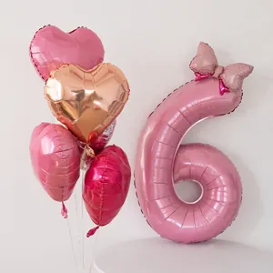 Ballon chiffre 6 rose de 32 pouces avec ballons cœur et nœud pour fête d'anniversaire