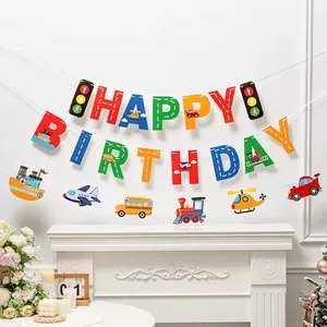 Πανό Happy Birthday με Θέμα τα Μεταφορικά Μέσα Φανάρι Αυτοκίνητο Αεροπλάνο Τρένο Κρεμαστή Γιρλάντα για Διακόσμηση Παιδικού Πάρτι Γενεθλίων