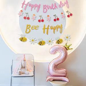 Fairy and bee themed happy birthday paper banner for girl's 2nd birthday party decor