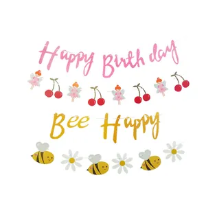 Fairy and bee themed paper happy birthday banner with pink and yellow cartoon letters