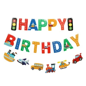 Πολύχρωμη γιρλάντα Happy Birthday με οχήματα όπως αυτοκίνητα, αεροπλάνα και πλοία