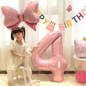 40-inch pearlescent pink number 4 balloon set with bow and cat foil balloon for kids birthday