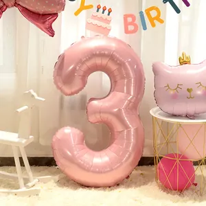 Pink pearlescent number 3 foil balloon for 3rd birthday party celebration with cat decor