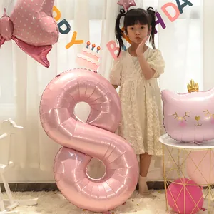 40-inch pearlescent pink number 8 foil balloon with crown cat and bow for birthday