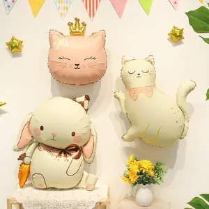 Cute matte cartoon animal balloons featuring a pink cat, white kitty, and bunny decor