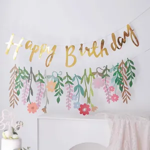 Σετ πανό γενεθλίων με θέμα τη ζούγκλα, χρυσό Happy Birthday και φλοράλ γιρλάντα διακόσμησης