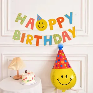 Ensemble de bannières Happy Birthday colorées avec ballon en aluminium smiley jaune