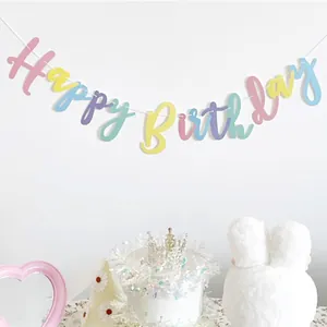 Γιρλάντα Happy Birthday σε παστέλ χρώματα με διακόσμηση πάρτι και λούτρινο κουνελάκι