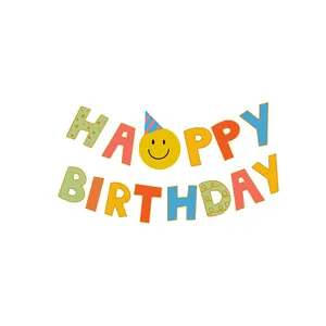 Banderole Happy Birthday colorée avec smiley et chapeau de fête pour décoration