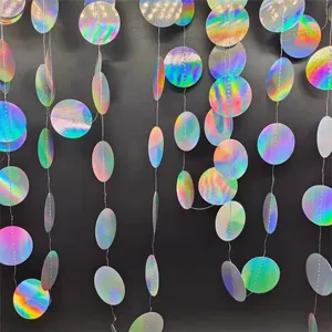 Holographic iridescent heart and disc garland streamers for disco party background decoration