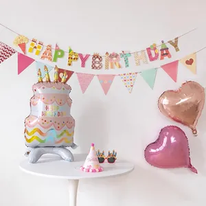 Banderole en Papier Happy Birthday Dessin Animé Moustache Avec Guirlande Triangulaire Cœur Kit Pour Décoration de Fête d'Anniversaire