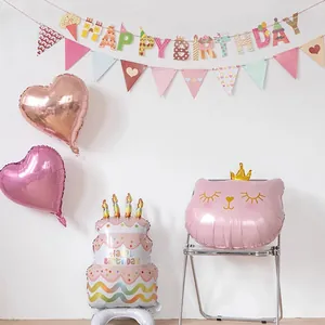 Kit de fête rose avec ballon gâteau et banderole Happy Birthday colorée décorative