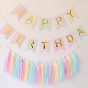 Macaron Gold Stamped Happy Birthday Paper Banner Fish Tail Bunting And Colorful Tassels For Birthday Party Decoration