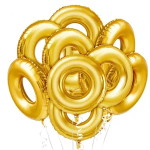 Golden ring foil balloons for birthday party celebration and wedding decoration with ribbons