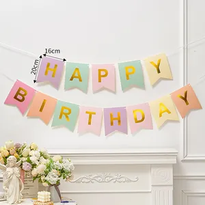 Macaron Happy Birthday banner with gold foil swallowtail flags for party wall decoration