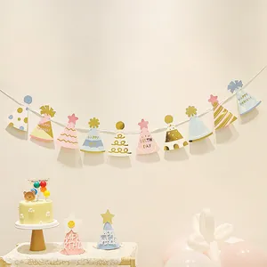 Style Ins Bannière Chapeau d'Anniversaire Bronzage Papier Guirlande Macaron Pois Étoiles Banderole Pour Décoration de Fête d'Enfants