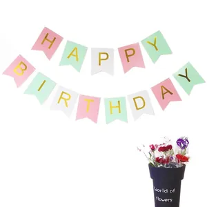 Colorful Happy Birthday fishtail banner with gold foil lettering for party decorations