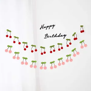 Cherry Pom Pom Garland Felt Fruit Hanging Banner Romantic Korean Style For Birthday Valentine's Day Party Atmosphere Decor