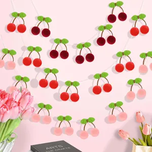 Handmade cherry garland banner with felt pompoms for birthday and party wall decoration