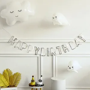 Silver mirror Happy Birthday banner set with balloons and gold leaf party decorations