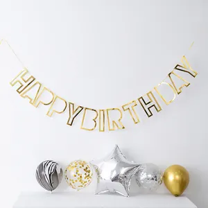 Golden Happy Birthday banner set with marble and glitter balloons for party decoration